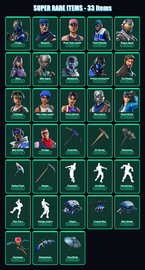 [PS4/PS5/XBOX/PC] | Trilogy | Warpaint | Rose Team Leader | Point Patroller | Rogue Agent | 202 skin | 155 pickaxe | 135 emote | 132 glider | Lv1906