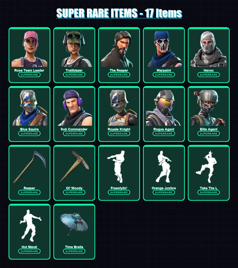 [PC] | Rose Team Leader | Trailblazer | The Reaper | Warpaint | Havoc | 136 skin | 155 pickaxe | 141 emote | 131 glider | Lv1831