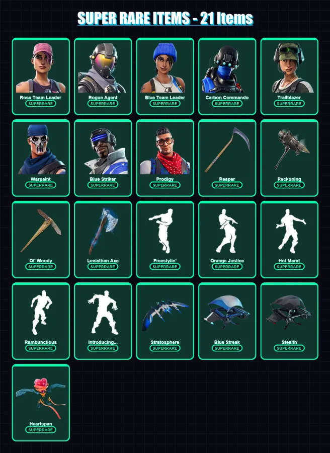[PC] | Rose Team Leader | Rogue Agent | Blue Team Leader | Carbon Commando | Trailblazer | 160 skin | 115 pickaxe | 134 emote | 101 glider | Lv1018