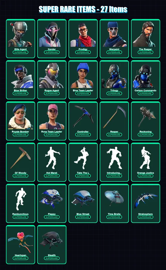 [PC/PSN] | Elite Agent | Xander | Prodigy | Warpaint | The Reaper | 120 skin | 107 pickaxe | 144 emote | 99 glider | Lv1608