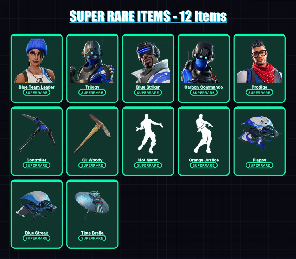 [PS4/PS5/XBOX/PC] | Blue Team Leader | Trilogy | Blue Striker | Carbon Commando | Prodigy | 48 skin | 61 pickaxe | 47 emote | 61 glider | Lv767