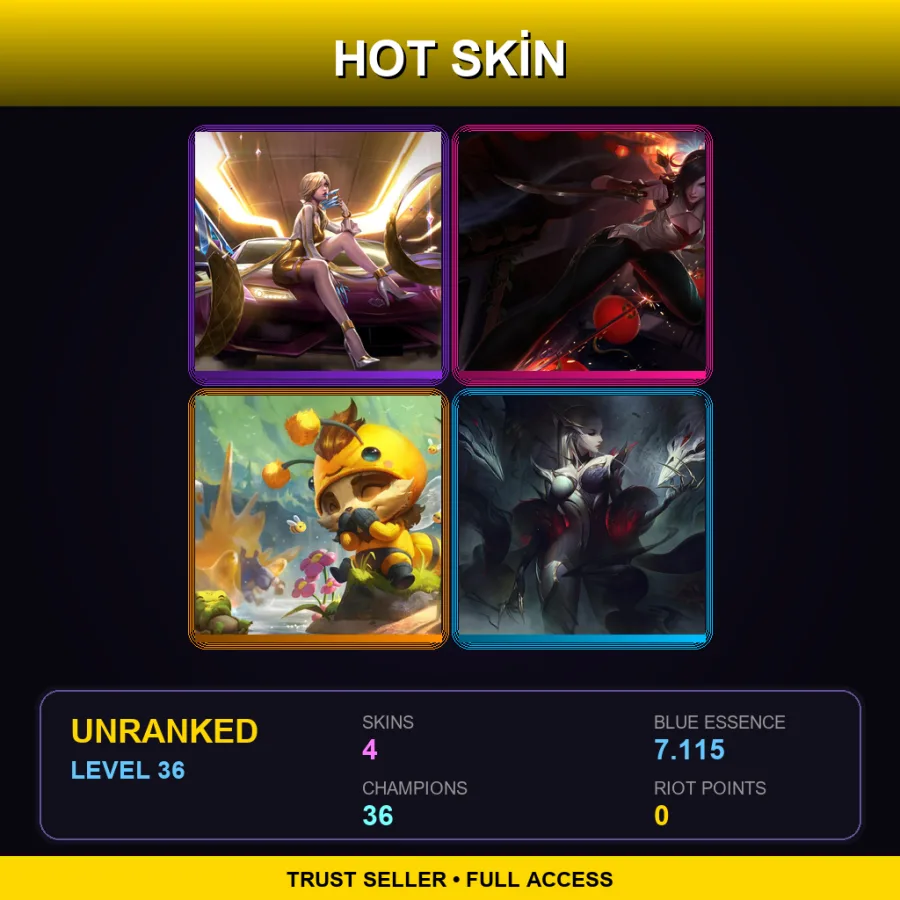 ME | Prestige K/DA Evelynn | Warring Kingdoms Katarina | Beemo | Coven Evelynn | 4 Skin | 36 Champ | Lv36
