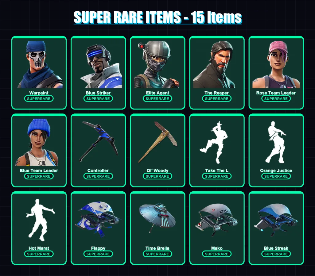 [PS4/PS5/XBOX/PC] | Warpaint | Blue Striker | Elite Agent | The Reaper | Rose Team Leader | 35 skin | 79 pickaxe | 60 emote | 64 glider | Lv1268