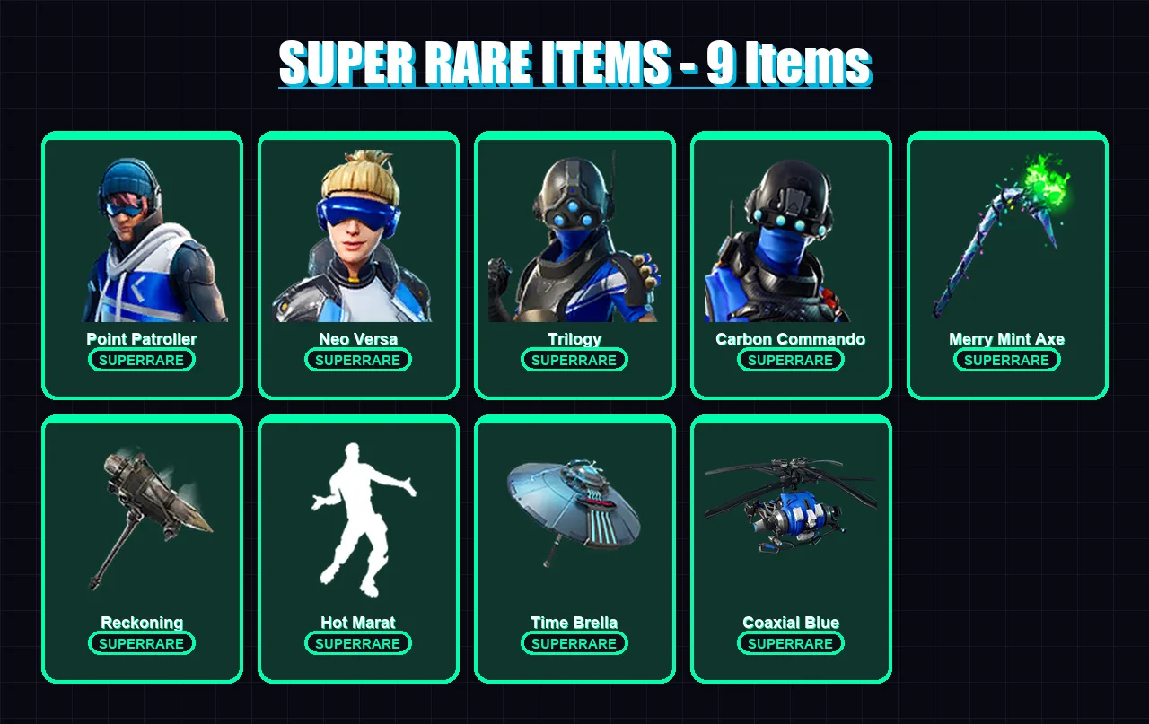 [PC/XBOX] | Point Patroller | Neo Versa | Trilogy | Carbon Commando | Gear Specialist Maya | 119 skin | 110 pickaxe | 125 emote | 119 glider | Lv158