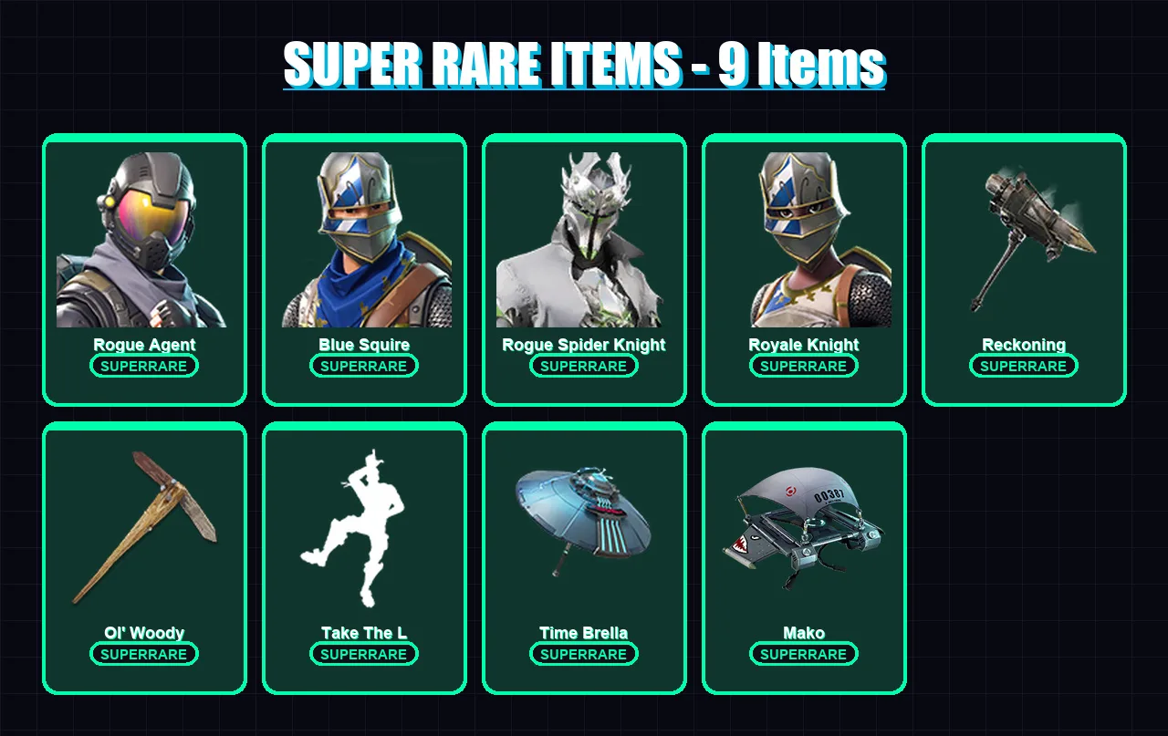 [PS4/PS5/PC] | Rogue Agent | Blue Squire | Rogue Spider Knight | Royale Knight | Drift | 48 skin | 42 pickaxe | 60 emote | 52 glider | Lv638