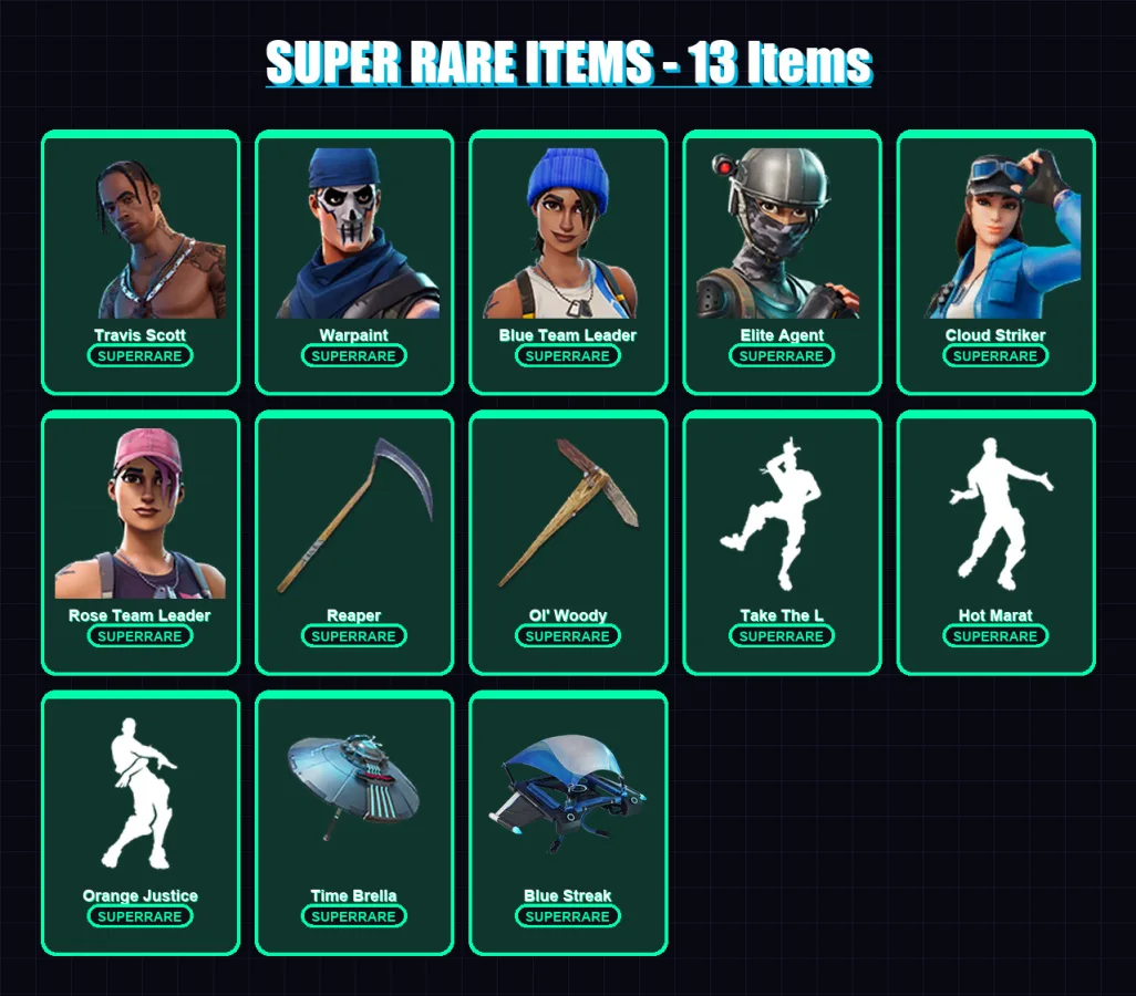 [PS4/PS5/XBOX/PC] | Travis Scott | Warpaint | Blue Team Leader | Elite Agent | Cloud Striker | 100 skin | 139 pickaxe | 89 emote | 115 glider | Lv17