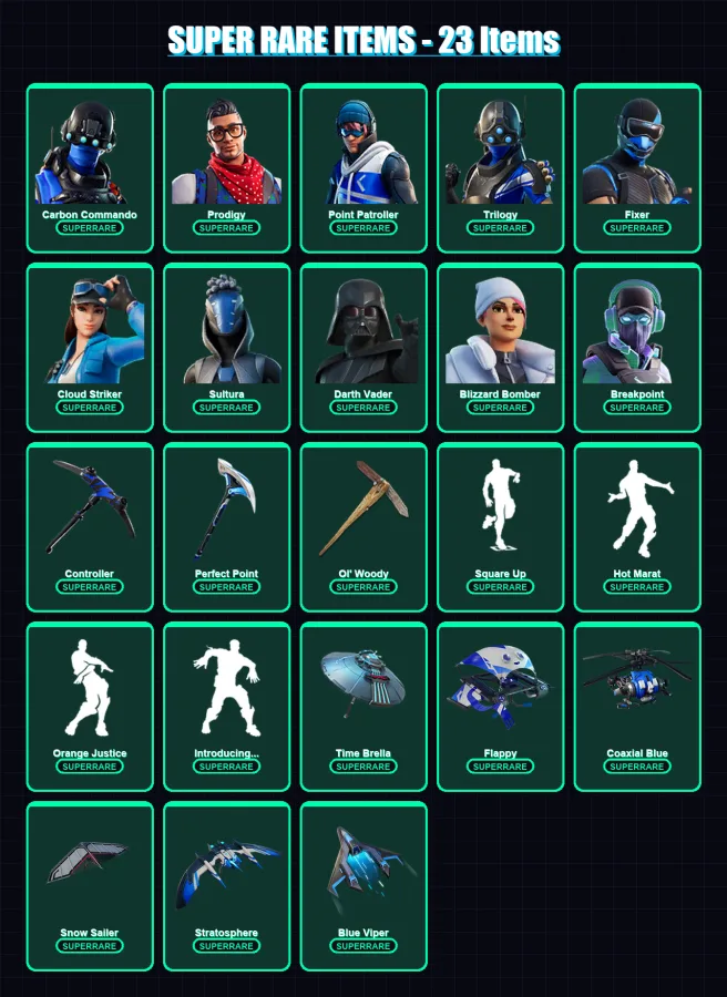[PS4/PS5/PC] | Carbon Commando | Prodigy | Point Patroller | Trilogy | Fixer | 377 skin | 445 pickaxe | 369 emote | 324 glider | Lv4567