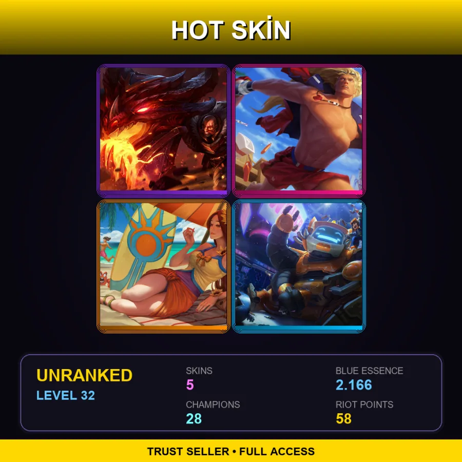 NA | Lv32 | Unranked | 5 Skin | 28 Champ — LoL account