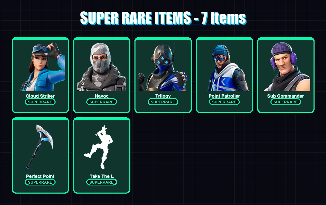 [PC] | Cloud Striker | Havoc | Trilogy | Point Patroller | Sub Commander | 59 skin | 79 pickaxe | 59 emote | 74 glider | Lv1144