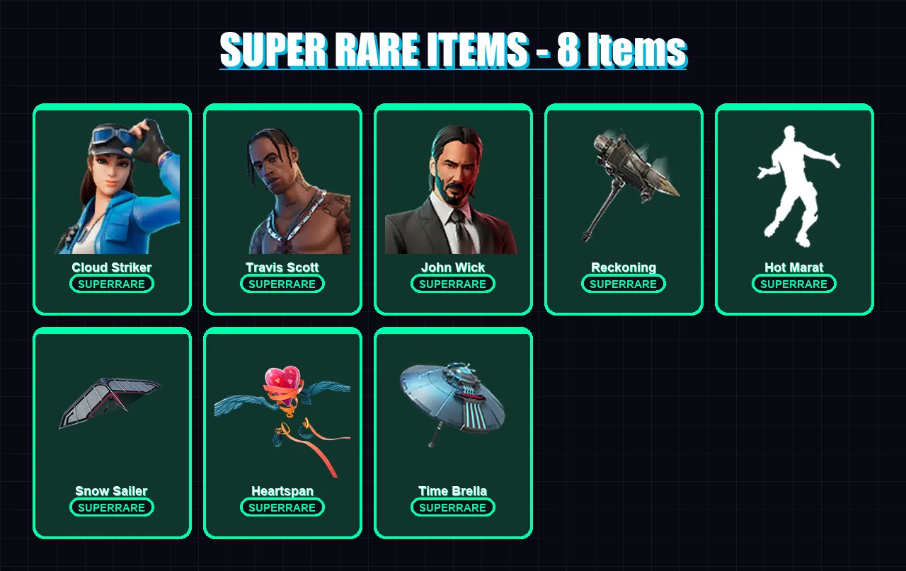 [PS4/PS5/XBOX/PC] | Cloud Striker | Travis Scott | John Wick | Deadfire | Calamity | 100 skin | 107 pickaxe | 107 emote | 95 glider | Lv1332