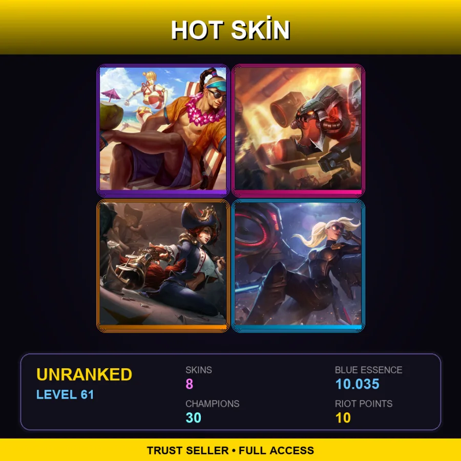 EUW | Pool Party Lee Sin | Battlecast Prime Cho'Gath | Waterloo Miss Fortune | Riot Kayle | 8 Skin | 30 Champ | Lv61