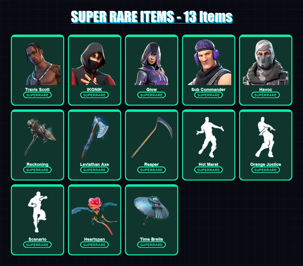 [PC/XBOX/PSN] | Travis Scott | IKONIK | Glow | Sub Commander | Havoc | 144 skin | 122 pickaxe | 144 emote | 115 glider | Lv1892
