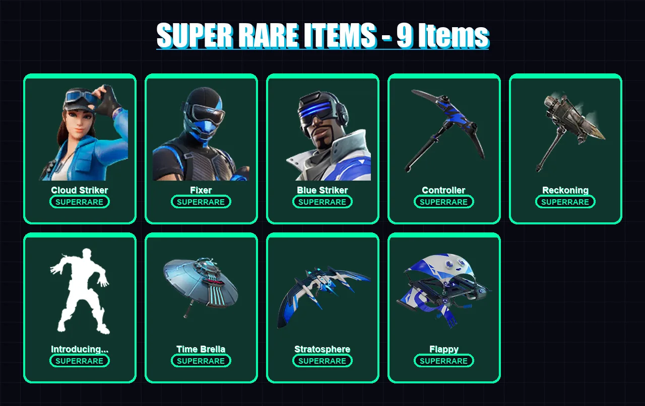 [PS4/PS5/PC] | Cloud Striker | Fixer | Blue Striker | Drift | Enforcer | 51 skin | 65 pickaxe | 62 emote | 61 glider | Lv1250