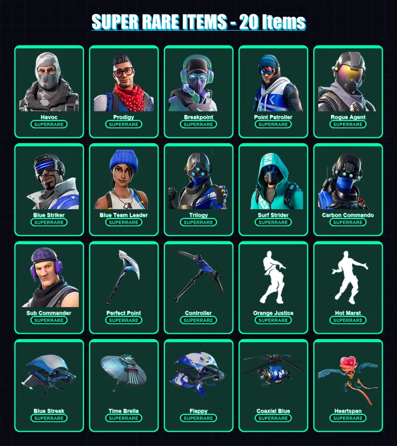 [PC/XBOX] | Havoc | Prodigy | Breakpoint | Point Patroller | Rogue Agent | 49 skin | 58 pickaxe | 64 emote | 68 glider | Lv1081