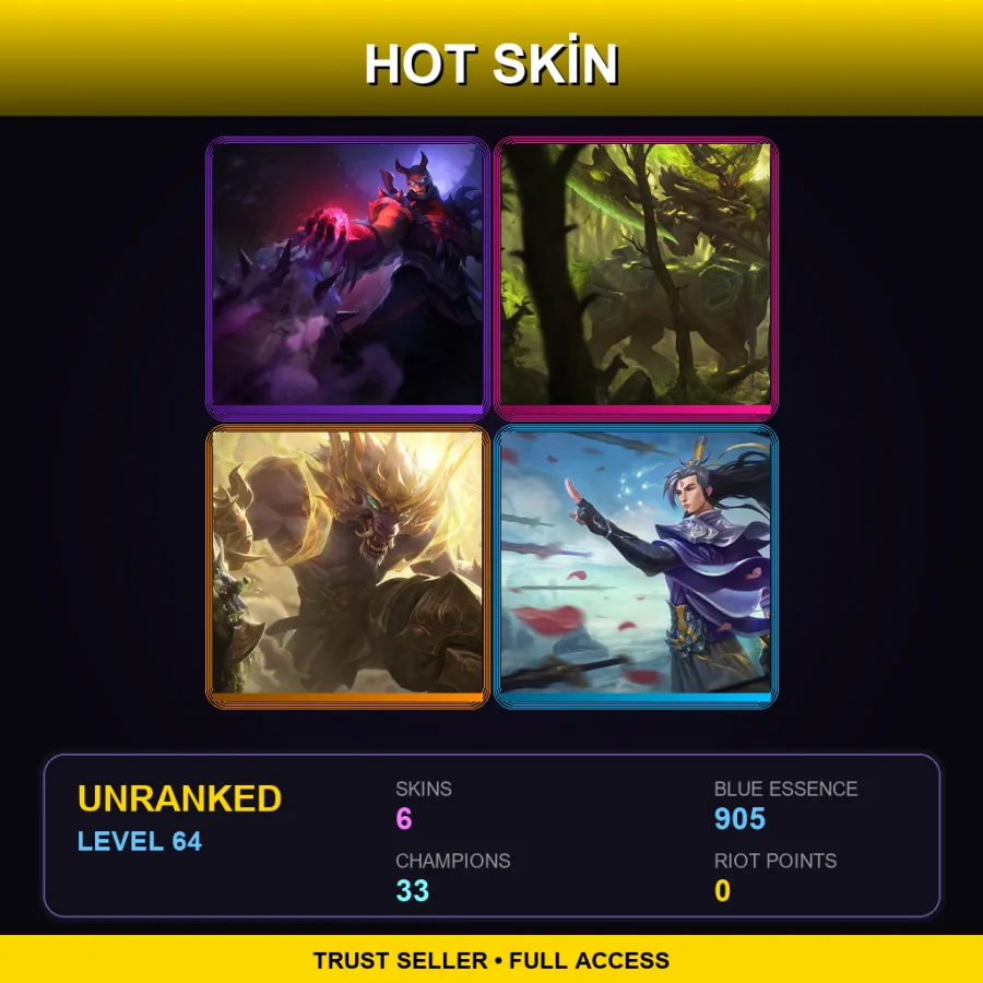 EUW | Lv64 | Unranked | 6 Skin | 33 Champ — LoL account
