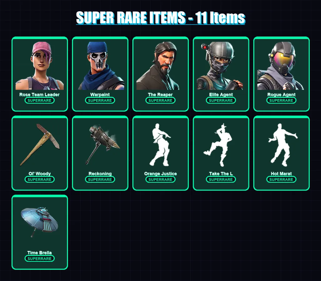 [PC/XBOX/PSN] | Rose Team Leader | Warpaint | The Reaper | Elite Agent | Rogue Agent | 84 skin | 102 pickaxe | 88 emote | 104 glider | Lv1246