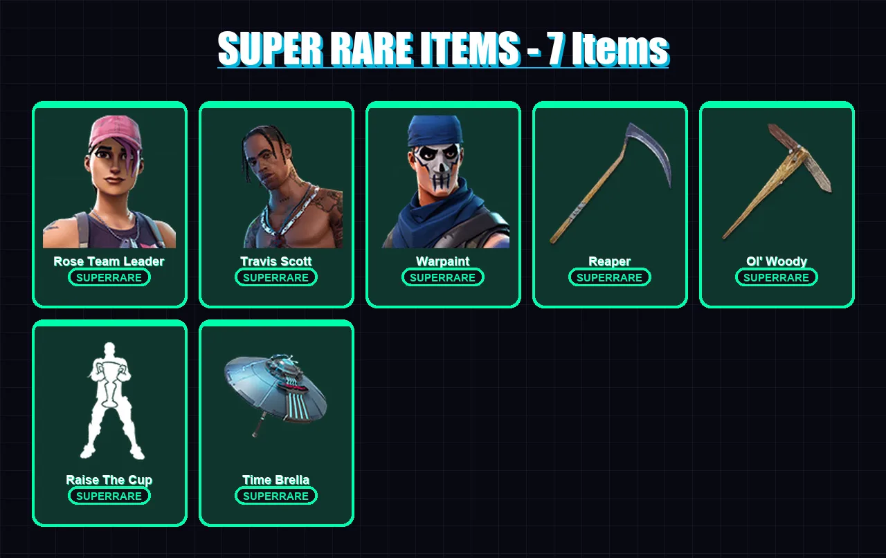 [PS4/PS5/XBOX/PC] | Rose Team Leader | Travis Scott | Warpaint | Deadpool | Fade | 118 skin | 130 pickaxe | 112 emote | 125 glider | Lv1655