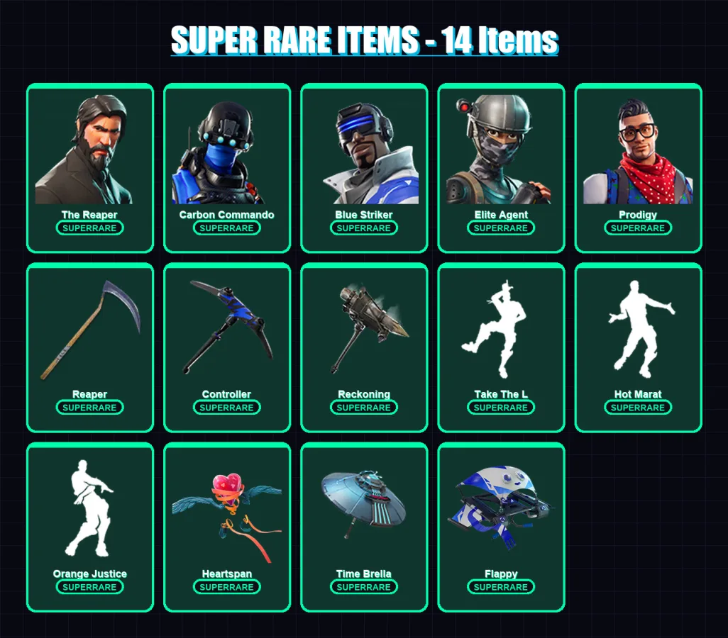 [PC/XBOX] | The Reaper | Carbon Commando | Blue Striker | Elite Agent | Prodigy | 56 skin | 49 pickaxe | 70 emote | 46 glider | Lv696