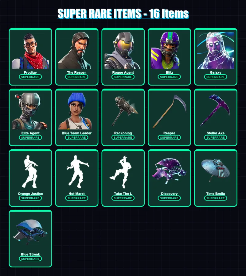 [PS4/PS5/XBOX/PC] | Prodigy | The Reaper | Rogue Agent | Blitz | Galaxy | 102 skin | 51 pickaxe | 54 emote | 55 glider | Lv924