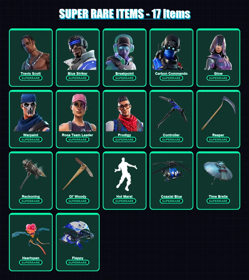 [PS4/PS5/XBOX/PC] | Travis Scott | Blue Striker | Breakpoint | Carbon Commando | Glow | 205 skin | 192 pickaxe | 158 emote | 178 glider | Lv2756