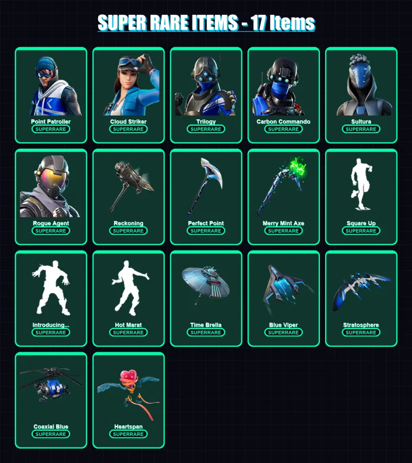 [PS4/PS5/XBOX/PC] | Point Patroller | Cloud Striker | Trilogy | Carbon Commando | Sultura | 137 skin | 218 pickaxe | 191 emote | 184 glider | Lv3117