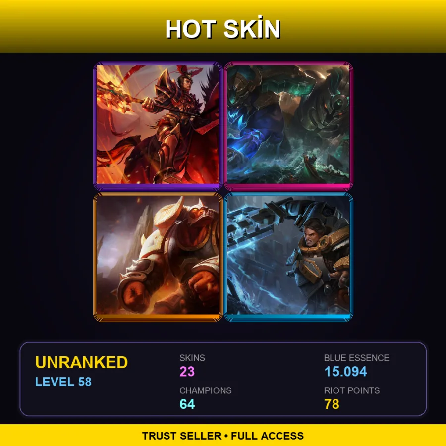BR | Warring Kingdoms Jarvan IV | Worldbreaker Nautilus | Infernal Alistar | Steel Legion Garen | 23 Skin | 64 Champ | Lv58
