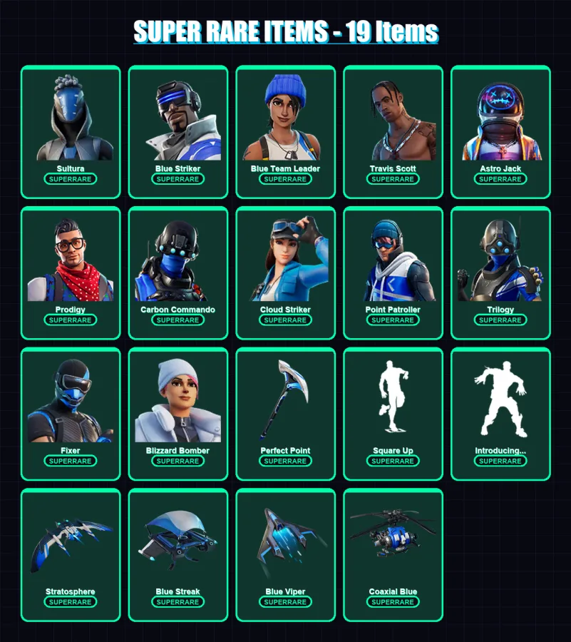 [PS4/PS5/XBOX/PC] | Sultura | Blue Striker | Blue Team Leader | Travis Scott | Astro Jack | 16 skin | 15 pickaxe | 10 emote | 10 glider | Lv109