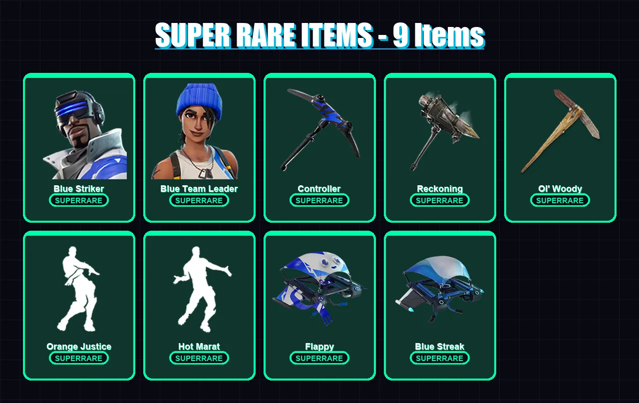 [PC] | Blue Striker | Blue Team Leader | Calamity | Blackheart | Drift | 19 skin | 18 pickaxe | 19 emote | 22 glider | Lv303