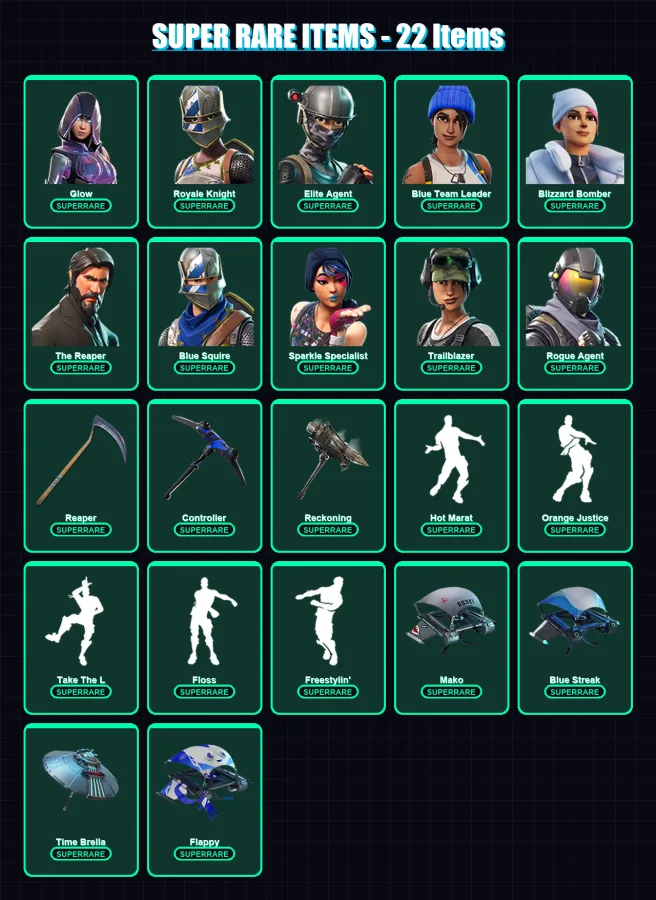 [PS4/PS5/XBOX/PC] | Glow | Royale Knight | Elite Agent | Blue Team Leader | Blizzard Bomber | 153 skin | 116 pickaxe | 124 emote | 94 glider | Lv108