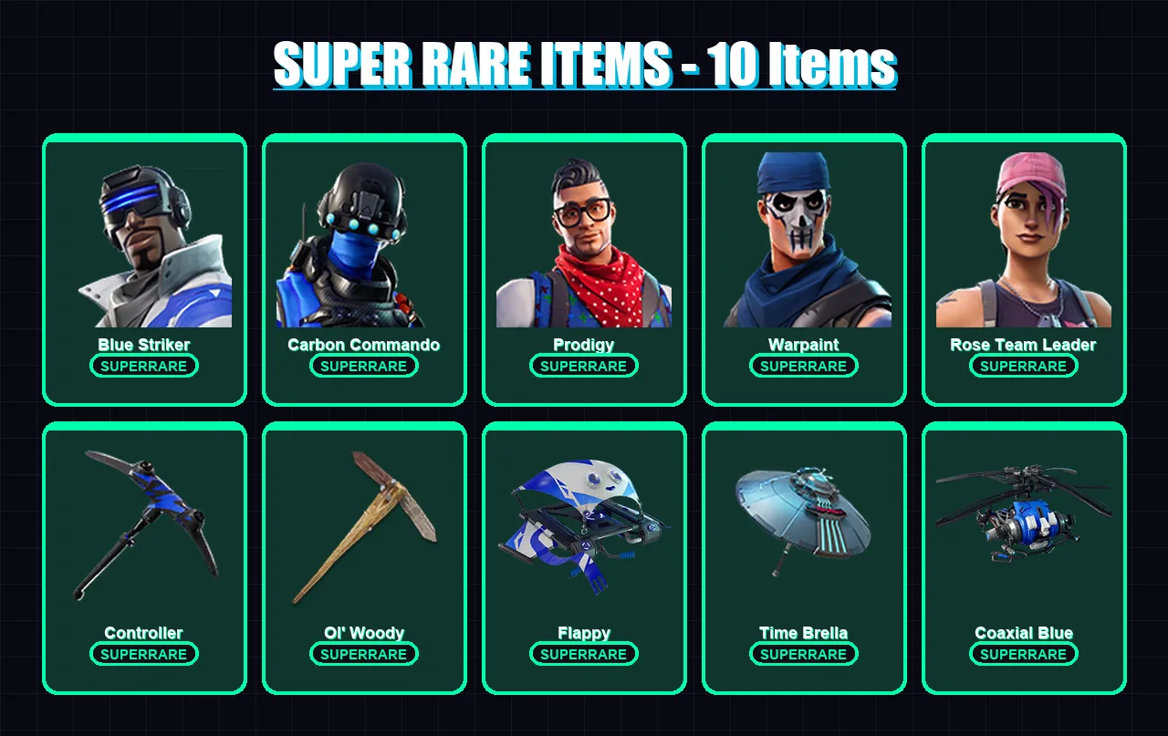 [PC/XBOX] | Blue Striker | Carbon Commando | Prodigy | Warpaint | Rose Team Leader | 50 skin | 61 pickaxe | 66 emote | 72 glider | Lv1165