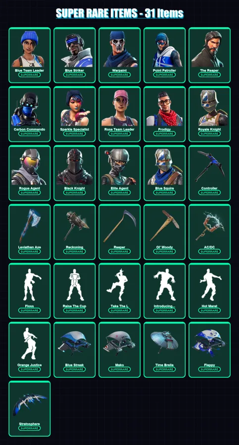 [PC/XBOX] | Blue Team Leader | Blue Striker | Warpaint | Point Patroller | The Reaper | 218 skin | 194 pickaxe | 169 emote | 165 glider | Lv2950