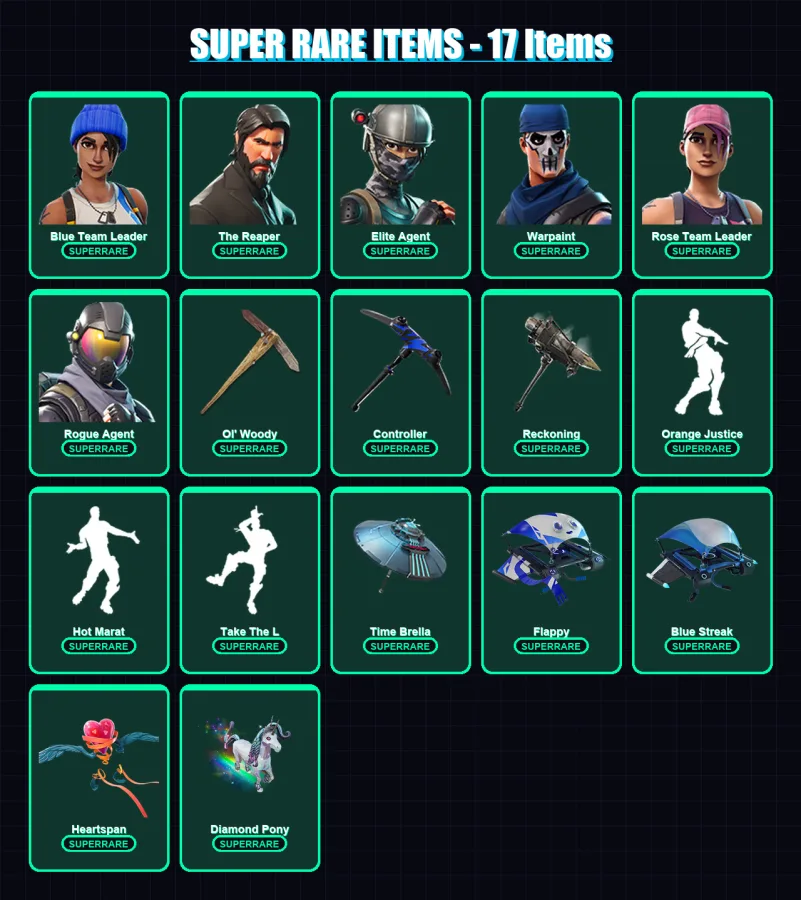 [PC/XBOX] | Blue Team Leader | The Reaper | Elite Agent | Warpaint | Rose Team Leader | 69 skin | 66 pickaxe | 91 emote | 81 glider | Lv1322