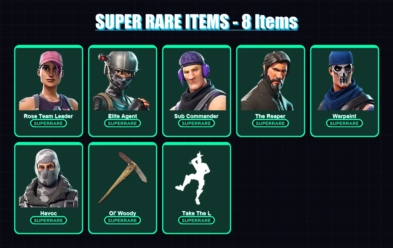 [PC/XBOX/PSN] | Rose Team Leader | Elite Agent | Sub Commander | The Reaper | Warpaint | 10 skin | 12 pickaxe | 18 emote | 14 glider | Lv268