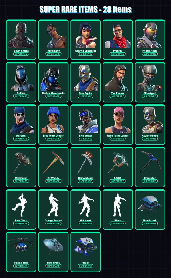 [PC/XBOX/PSN] | Black Knight | Travis Scott | Sparkle Specialist | Prodigy | Rogue Agent | 121 skin | 96 pickaxe | 93 emote | 106 glider | Lv1547