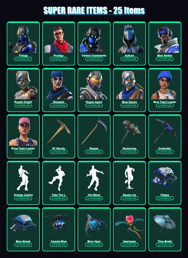 [PS4/PS5/PC] | Trilogy | Prodigy | Carbon Commando | Sultura | Blue Striker | 96 skin | 59 pickaxe | 72 emote | 70 glider | Lv881