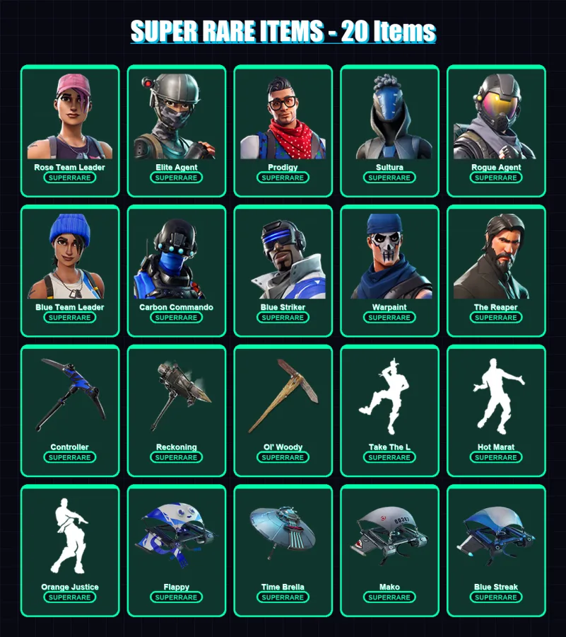 [PS4/PS5/XBOX/PC] | Rose Team Leader | Elite Agent | Prodigy | Sultura | Rogue Agent | 95 skin | 103 pickaxe | 113 emote | 114 glider | Lv1415