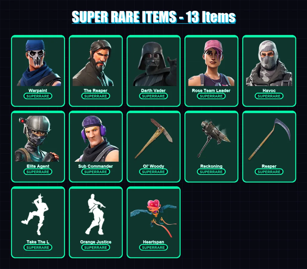 [PC] | Warpaint | The Reaper | Darth Vader | Rose Team Leader | Havoc | 139 skin | 150 pickaxe | 126 emote | 140 glider | Lv2386 — Fortnite account