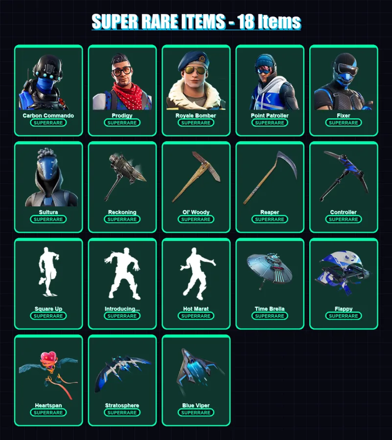 [PC/XBOX] | Carbon Commando | Prodigy | Royale Bomber | Point Patroller | Fixer | 318 skin | 343 pickaxe | 267 emote | 241 glider | Lv3186