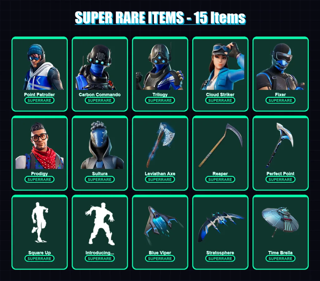[PC/XBOX] | Point Patroller | Carbon Commando | Trilogy | Cloud Striker | Fixer | 151 skin | 180 pickaxe | 128 emote | 123 glider | Lv2034