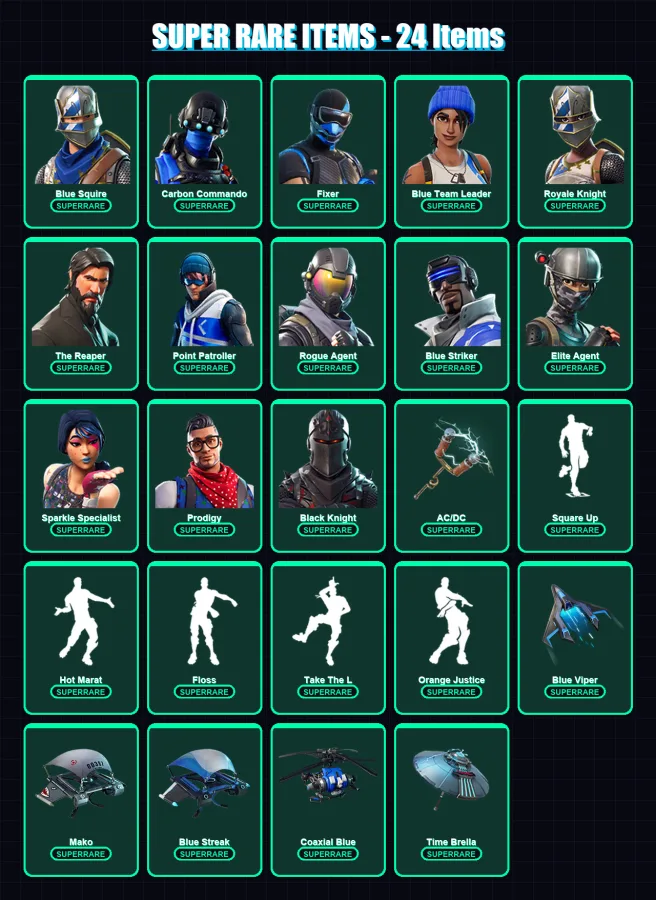 [PS4/PS5/XBOX/PC] | Blue Squire | Carbon Commando | Fixer | Blue Team Leader | Royale Knight | 46 skin | 58 pickaxe | 60 emote | 67 glider | Lv1183