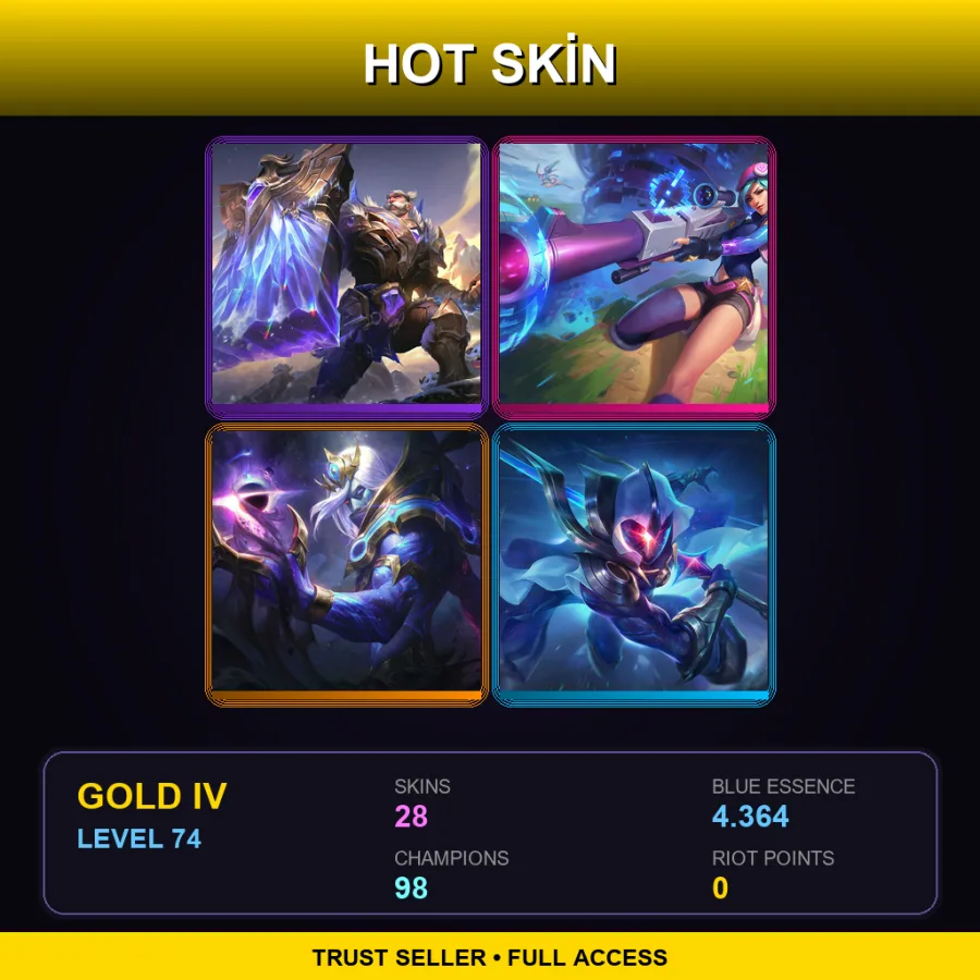 EUW | Lv74 | Gold IV | 28 Skin | 98 Champ — LoL account