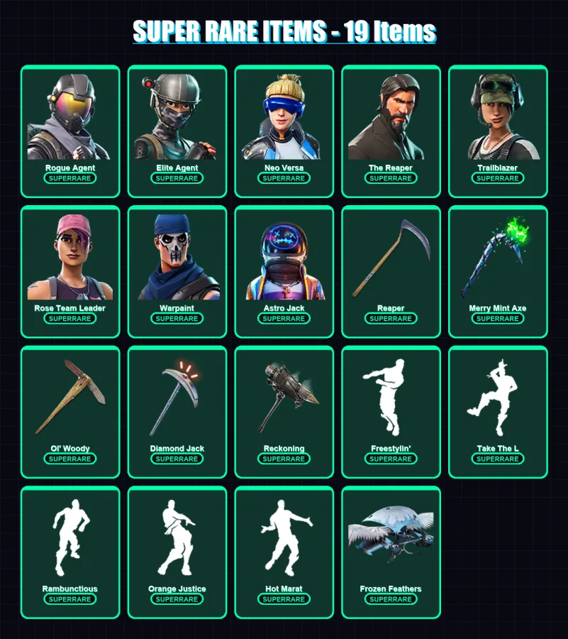 [PC] | Rogue Agent | Elite Agent | Neo Versa | The Reaper | Trailblazer | 227 skin | 161 pickaxe | 202 emote | 119 glider | Lv1616