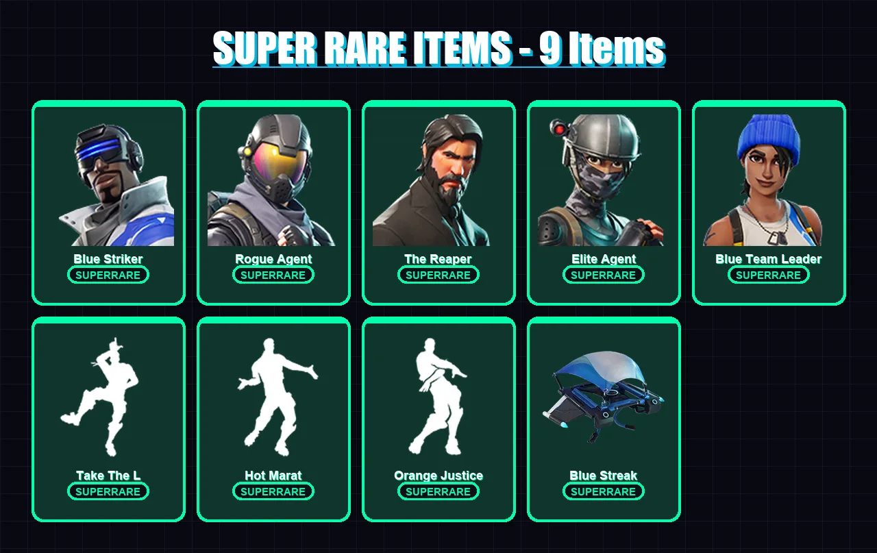 [PS4/PS5/XBOX/PC] | Blue Striker | Rogue Agent | The Reaper | Elite Agent | Blue Team Leader | 31 skin | 44 pickaxe | 63 emote | 55 glider | Lv1186