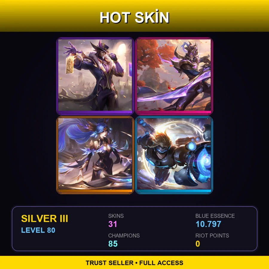 LAS | Victorious Twisted Fate | Victorious Master Yi | Victorious Sona | Pulsefire Ezreal | 31 Skin | 85 Champ | Silver III | Lv80