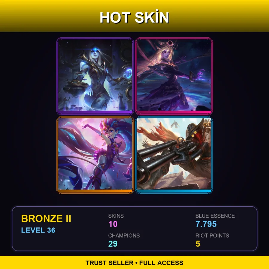 EUW | Cosmic Queen Ashe | Dark Cosmic Lux | Star Guardian Zoe | High Noon Jhin | 10 Skin | 29 Champ | Bronze II | Lv36