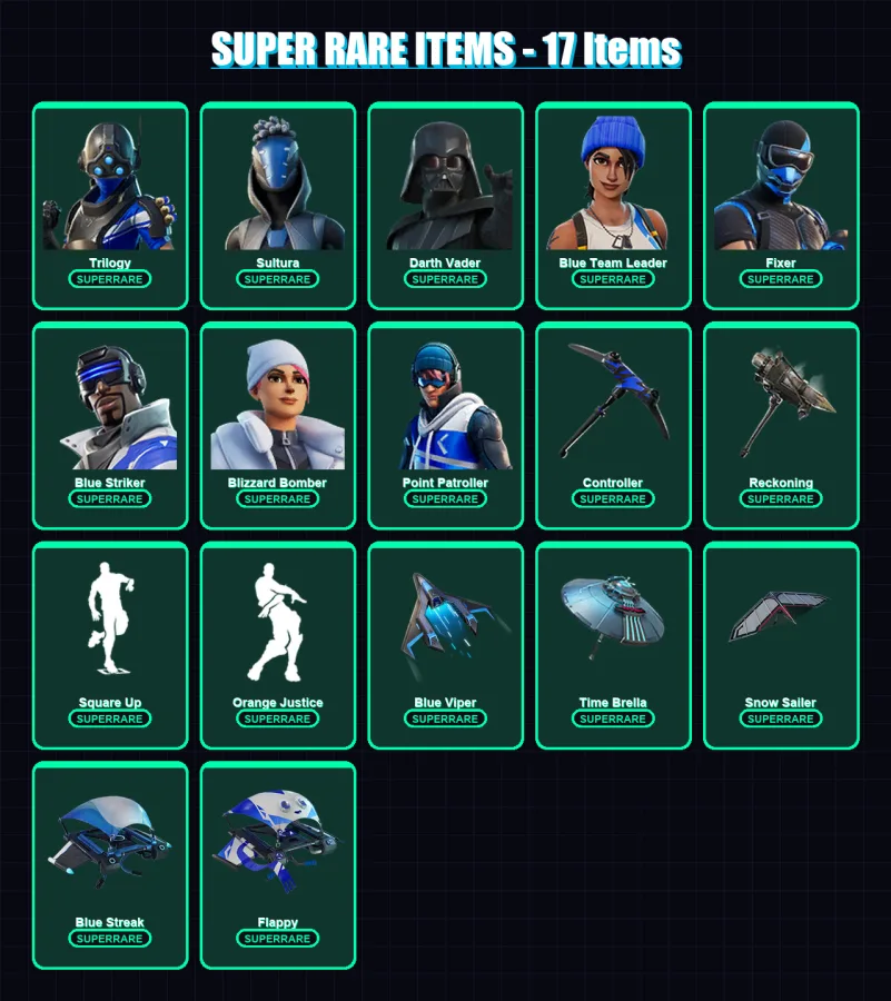 [PS4/PS5/XBOX/PC] | Trilogy | Sultura | Darth Vader | Blue Team Leader | Fixer | 196 skin | 176 pickaxe | 128 emote | 147 glider | Lv1677