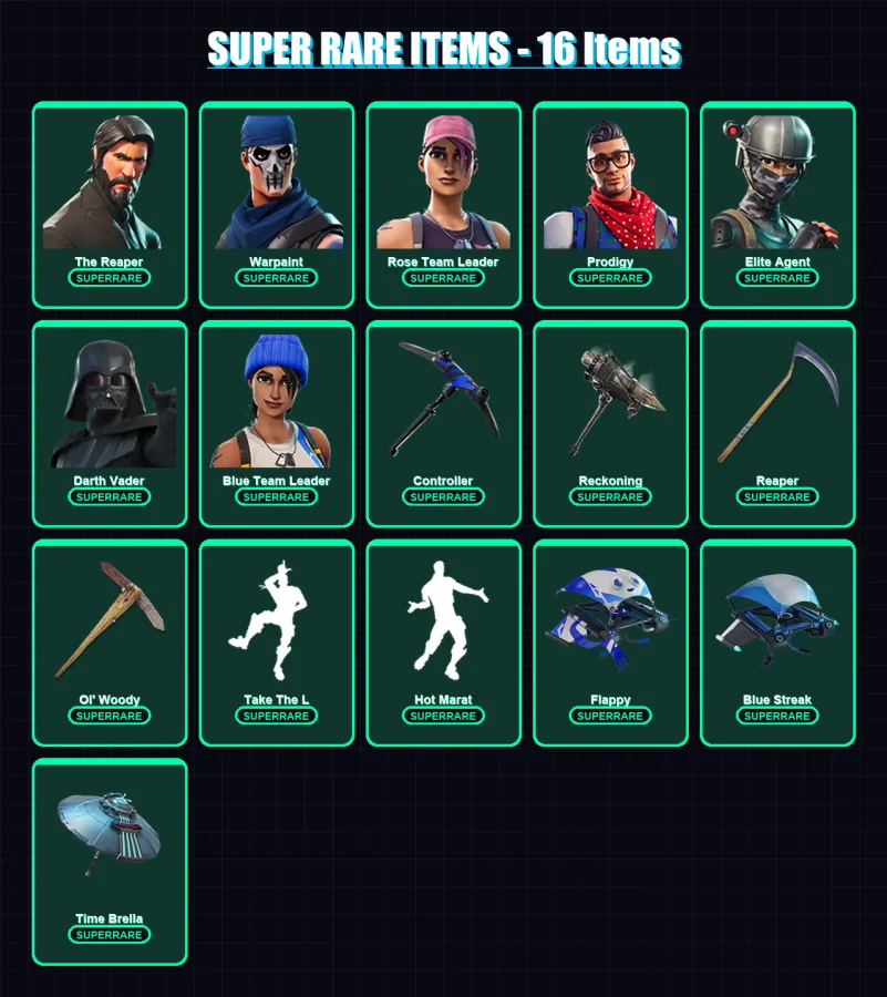 [PC/XBOX] | The Reaper | Warpaint | Rose Team Leader | Prodigy | Elite Agent | 89 skin | 149 pickaxe | 100 emote | 126 glider | Lv1992