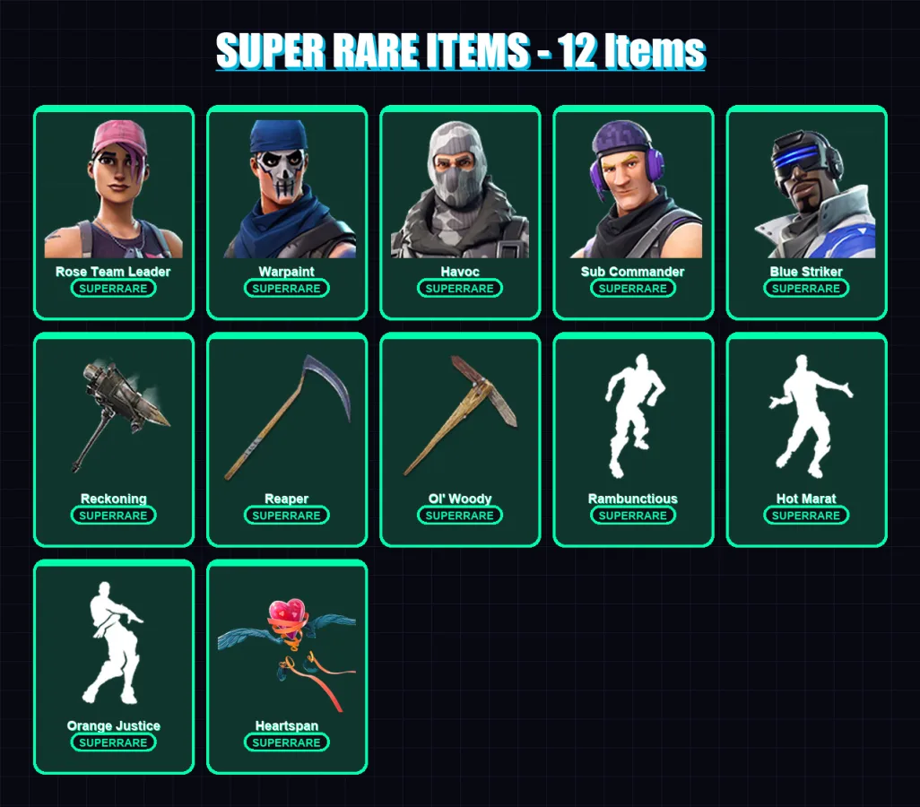 [PC/XBOX/PSN] | Rose Team Leader | Warpaint | Havoc | Sub Commander | Blue Striker | 89 skin | 74 pickaxe | 115 emote | 80 glider | Lv974