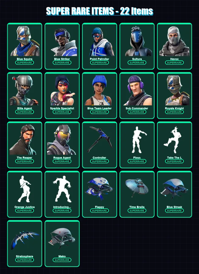 [PS4/PS5/XBOX/PC] | Blue Squire | Blue Striker | Point Patroller | Sultura | Havoc | 55 skin | 42 pickaxe | 59 emote | 51 glider | Lv690 — Fortnite account