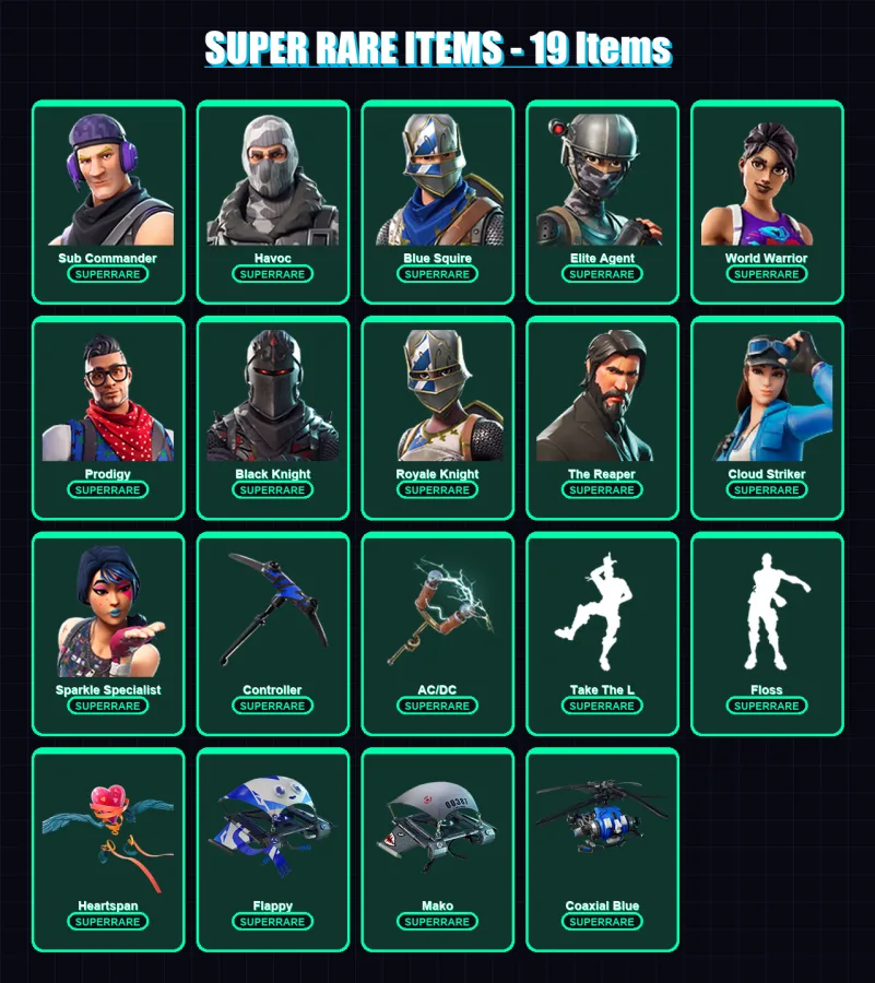[PC] | Sub Commander | Havoc | Blue Squire | Elite Agent | World Warrior | 55 skin | 58 pickaxe | 66 emote | 56 glider | Lv866